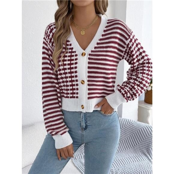 Striped Button-Up Cropped Cardigan - Picture 4 of 14